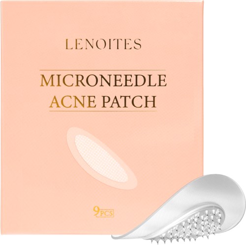 Packaging for acne patches, pink box, shows a patch with small dots, contains 9 pieces.