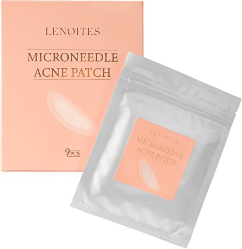 A pink box and a silver packet both labeled "LENOITES MICroneedle ACNE PATCH" with 9 patches inside.