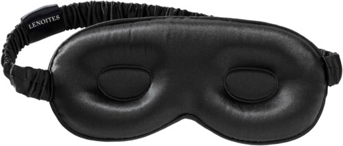 Een zwarte slaapmasker met verstelbare band en twee ooguitsparingen, gemerkt 'LENOITES'.