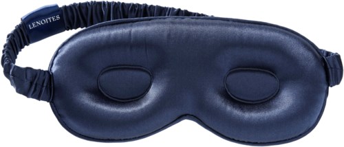 Eine schwarze Schlafmaske mit zwei Augenöffnungen und einem elastischen Band. Sie besteht aus weichem Material.