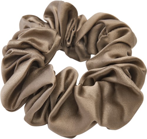 A large, light brown satin hair scrunchie with many gathered folds. It is circular and soft-looking.