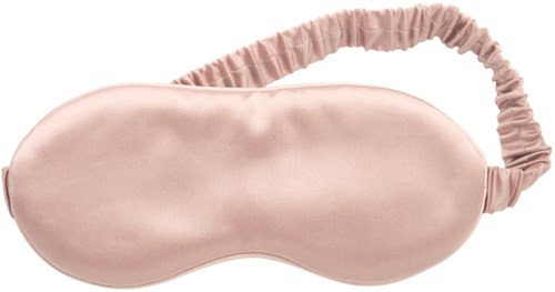 Glatte rosafarbene Schlafmaske mit Elasticband. Zum Abdecken der Augen beim Ruhen oder Schlafen.