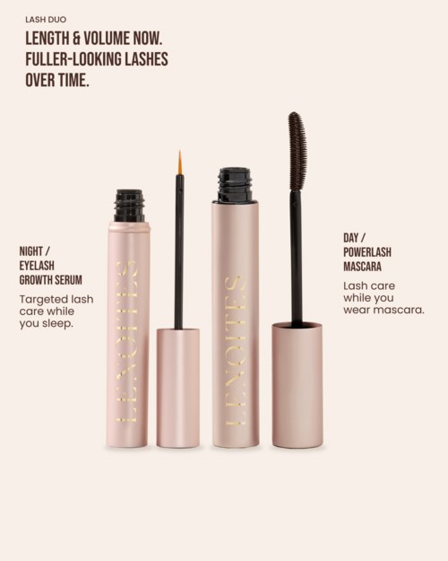 Illustration av två makeup-produkter med applikatorer, märkta för natt- och dagsanvändning, för fransar och mascara.