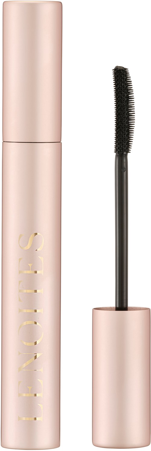 A pink mascara tube with the brush separate, showing the brand name and mascara wand.