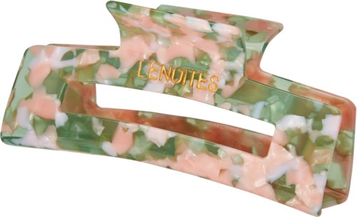 A colorful hair clip with green, pink, and white patterns and the word "LENOIRES" in gold.