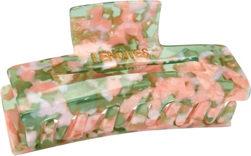 A floral patterned hair clip with pink and green colors, and the word "LENOITES" written on it.