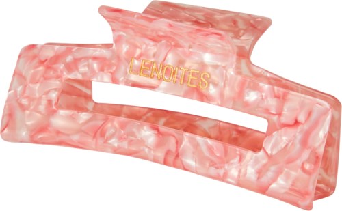 Pink marble-pattern hair clip with the brand name 'LENOITES' in gold. Large and rectangular shape. Designed for holding hair.