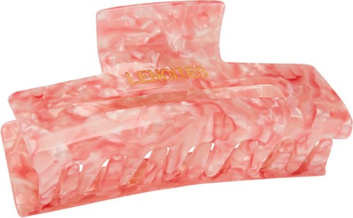 A pink, marbled hair claw with the word "LENGNES" in gold letters.