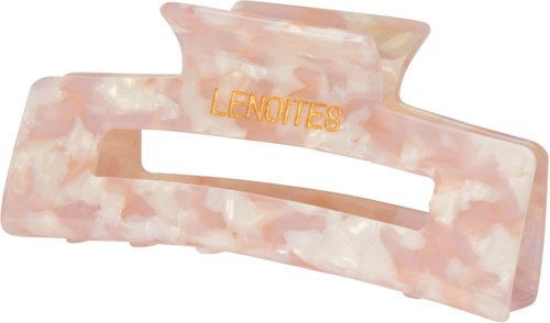 A pink marbled hair clip with the word 'LENOTES' in gold letters.