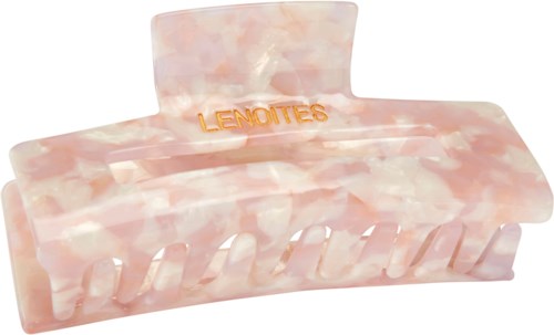 A rectangular, pink marble-like hair clip with the word "LENOTES" in gold letters on its top edge.