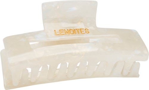 Een witte haarspeld met het woord "Lemoites" gegraveerd in oranje. Het heeft een eenvoudig, praktisch ontwerp.