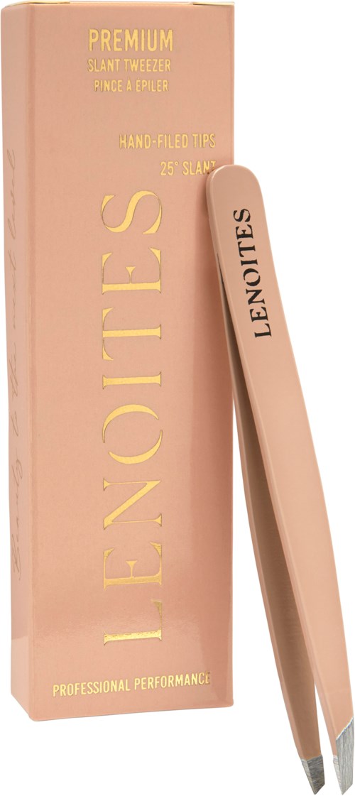 A pink box with golden letters and a pair of pink tweezers labeled 'LENOITES'.