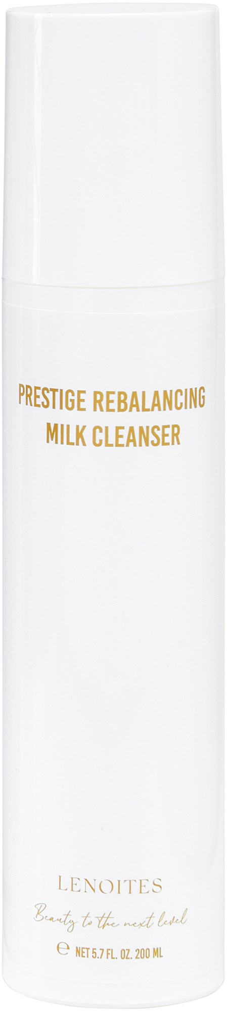 Een witte fles Prestige Rebalancing Milk Cleanser door Lenotes met goudkleurige tekst.