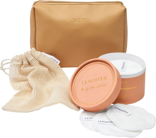A skincare set includes a beige bag, cleansing cloth, two jars, and cotton pads, all labeled "LENOITES."