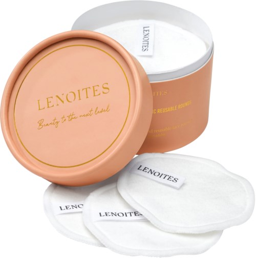 Round peach-colored container with cotton pads and small white pads labeled LENOITES. Text says "Beauty at the next level."