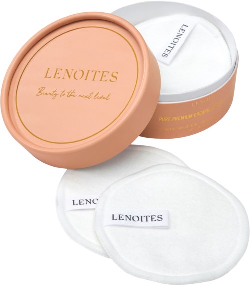 Round containers of Lenoites skincare products, one open showing cotton pads, with soft colors and simple design.