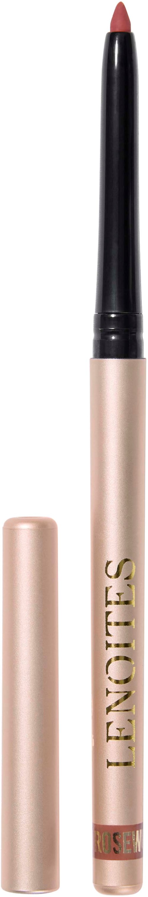 Ein beiger Lippenstift mit Deckel, bezeichnet "LONOTTES," mit pinker Spitze am Lippenstift.
