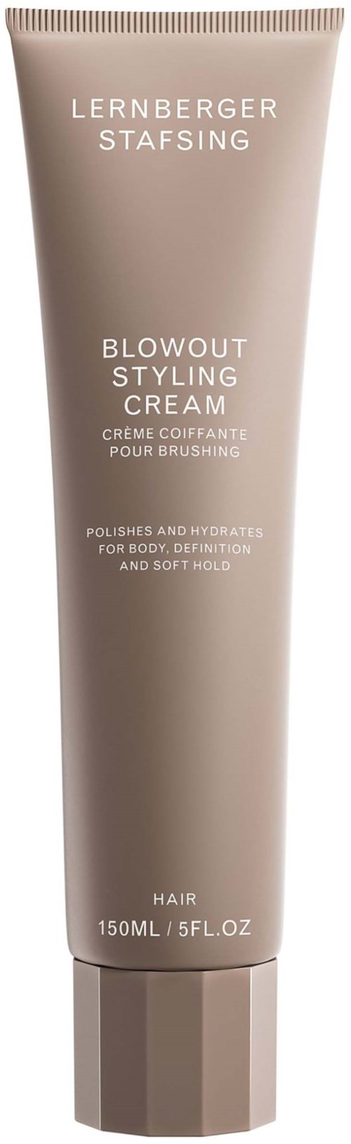 Beige Tube mit Haarglanz-Produkt, weißer Text, lachendes Icon, beschriftet 'Lernberger Stafsing Blowout Styling Cream 150ml.'