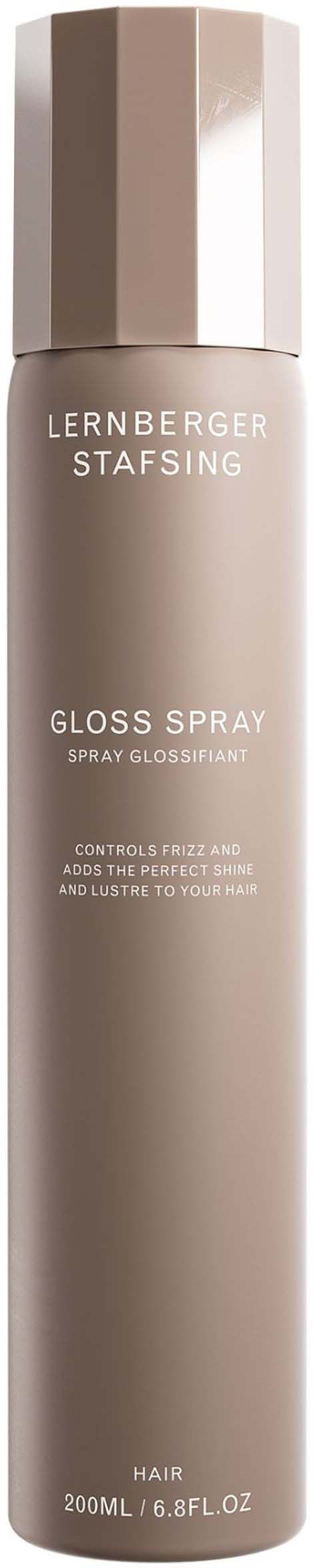 Eine lange, beige Sprühflasche mit Deckel, beschriftet 'LERNBERGER STAFSING GLOSS SPRAY' für Haare.