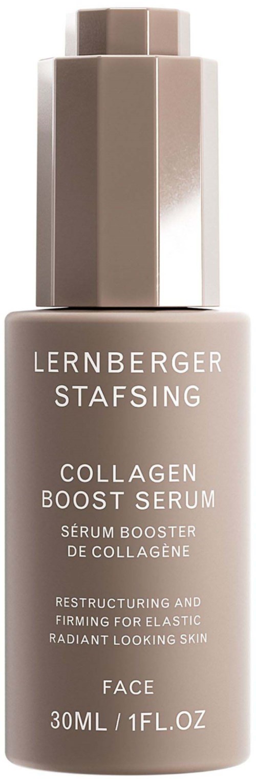 Beige Flasche mit Kollagen-Boostserum, silberner Deckel, 30ml.