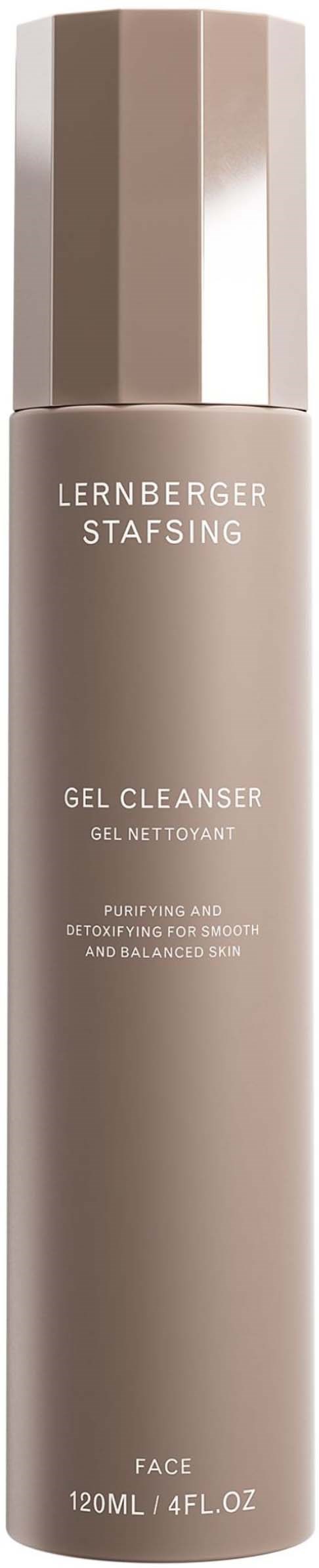 Eine hohe, beigenfarbene Flasche mit Deckel, beschriftet mit 'Lernberger Stafsing Gel Cleanser' für die Gesichtspflege.