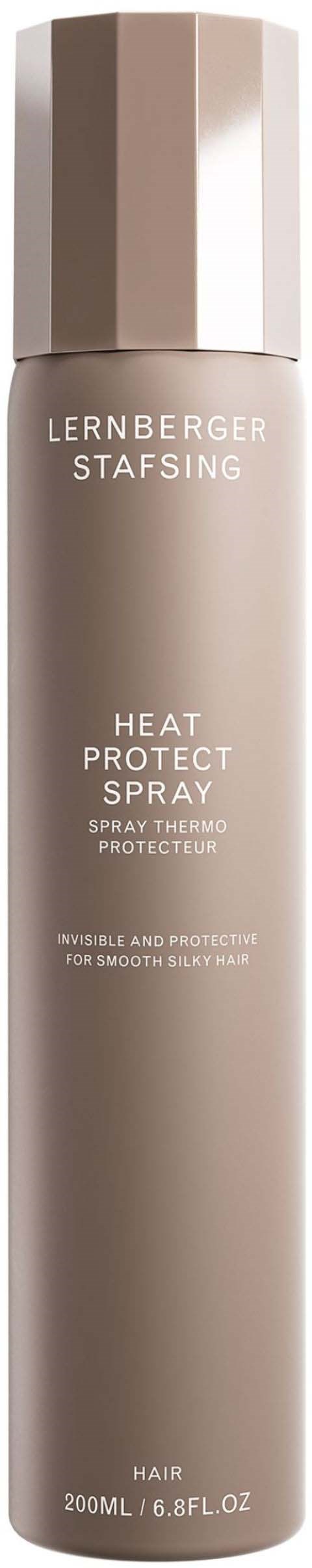Eine lange, silberne Sprühflasche mit der Beschriftung 'Lernberger Stafsing Heat Protect Spray' für Haare, mit einem glänzenden Metallverschluss.