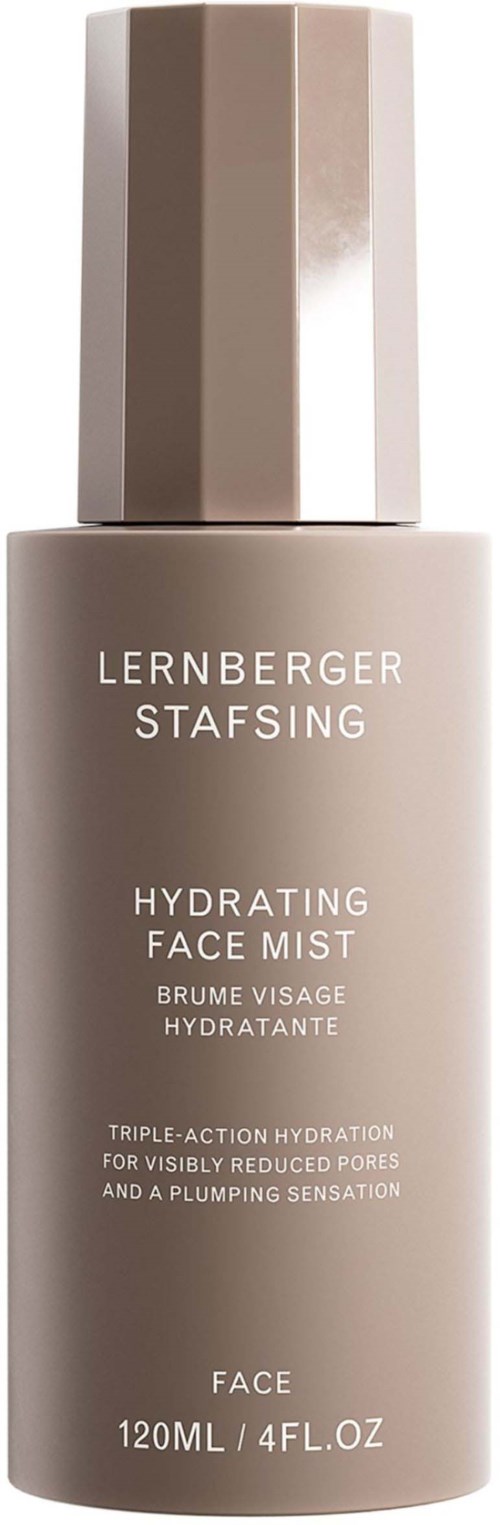 Beige Flasche mit Goldkappe, beschriftet 'Lernberger Stafsing Hydrating Face Mist' für Feuchtigkeitszufuhr.