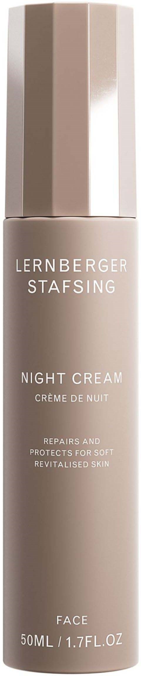 Eine lange, beige Flasche mit glänzendem Deckel. Beschriftet mit 'Lernberger Stafsing Night Cream' für Hautreparatur und Schutz.