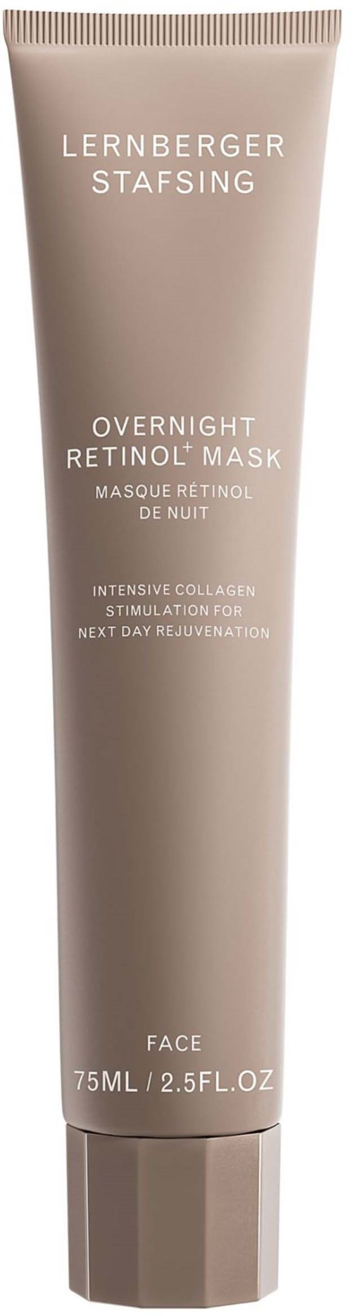 Beige Tube mit Gesichtsmaske namens 'Lernberger Stafsing Overnight Retinol Mask' für die Nacht.