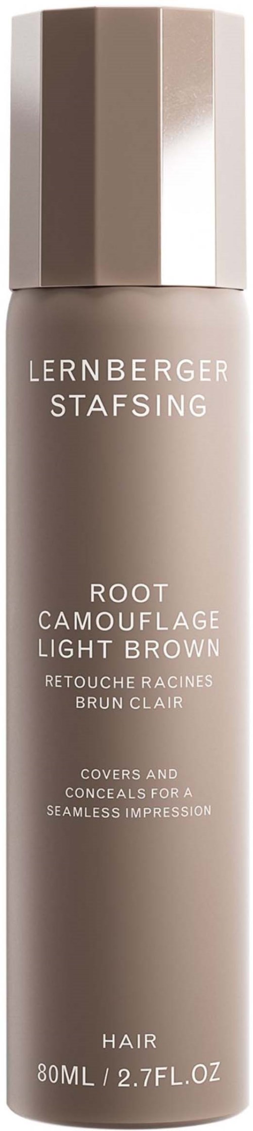 Eine lange, beige Flasche mit einem glänzenden, kappenähnlichen Deckel. Sie trägt Produktdetails zur Haarfarbendeckung.