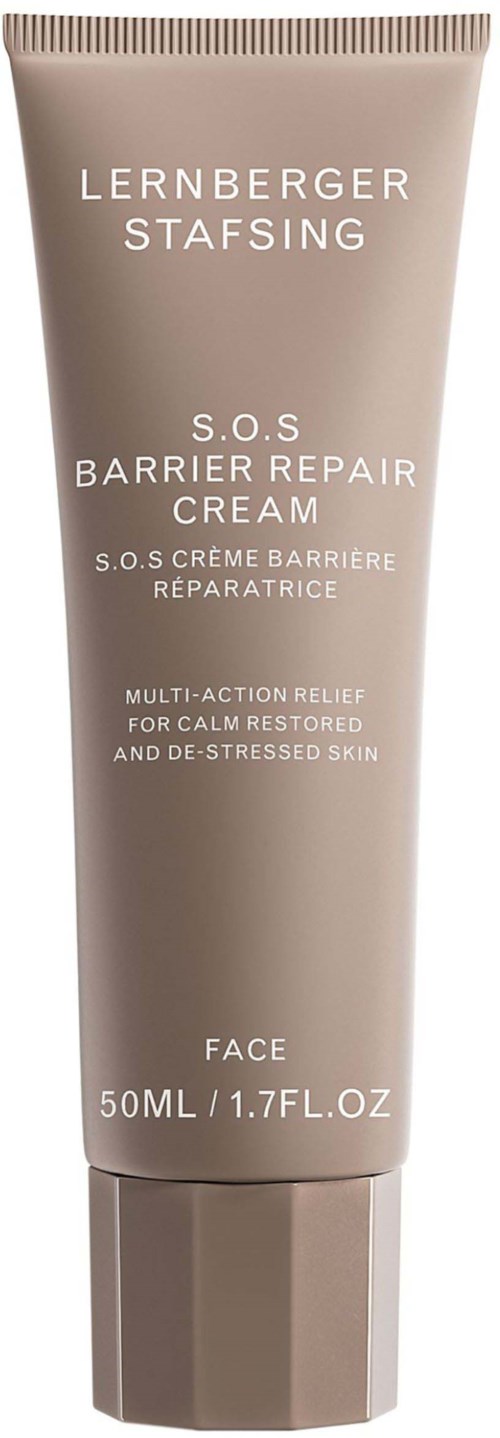 Ein beiger Tubenbarriere-Reparaturcreme für die Haut, mit Marken- und Produktdetails. Es ist 50 ml groß.