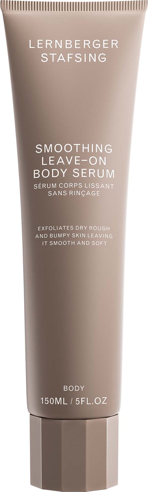 Beige Tube mit Text, gekennzeichnet als smoothing leave-on body serum, 150ml, zum Peelen und Weichmachen der Haut.