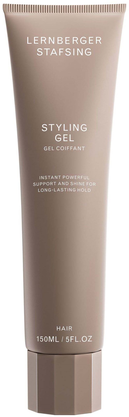 A beige tube labeled 'Lernberger Stafsing Styling Gel' with small text about hair support and shine.
