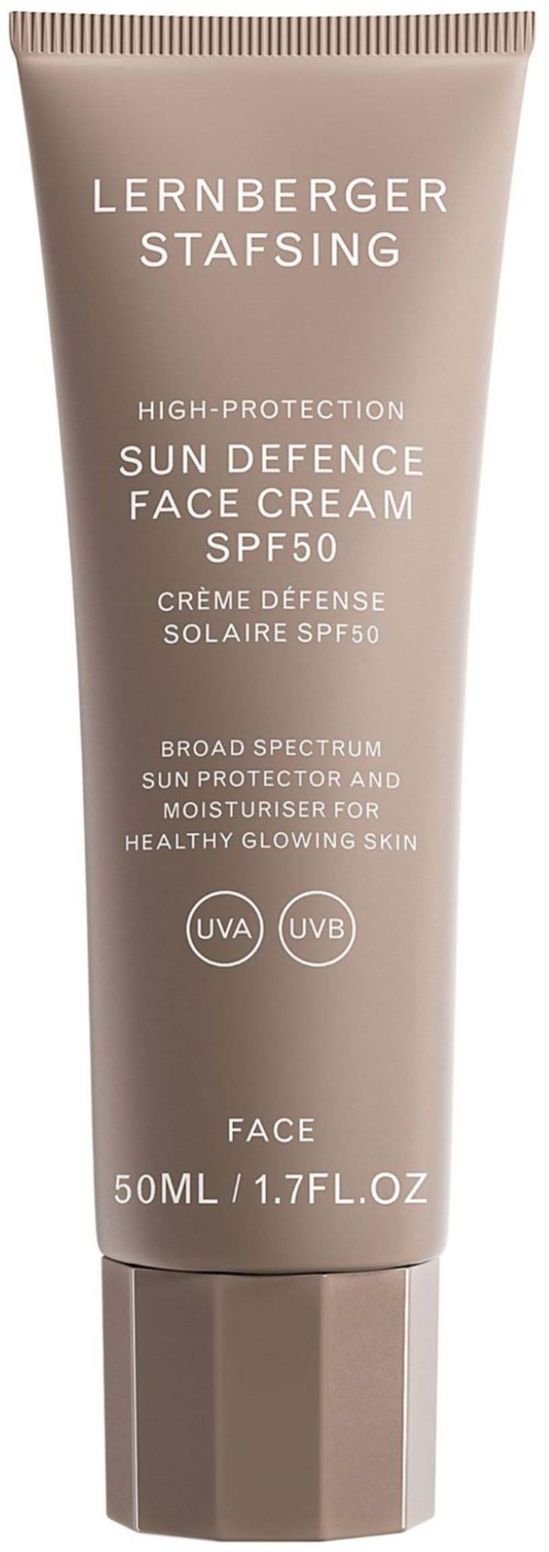 Beige Tube mit Gesichtscreme, SPF50, für Sonnenschutz und Feuchtigkeit für gesunde Haut.