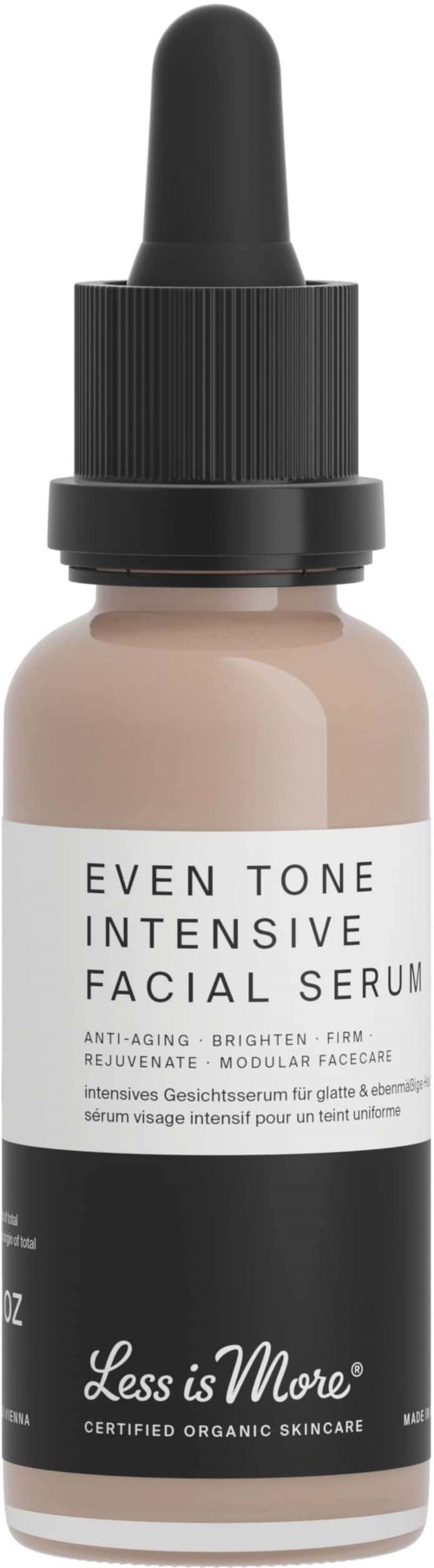 En flaske ansiktsserum med pipettlokk, merket 'Less is More' og 'Even Tone Intensive Facial Serum.'
