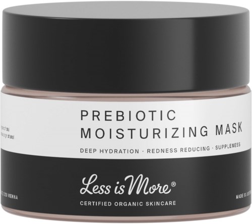 En krukke med hudpleiekräm merket 'Prebiotic Moisturizing Mask' for hydrering og rødhetsreduksjon, av Less is More.