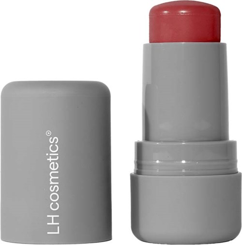 Ein grauender Lippenstift mit rotem Lippenstift, beschriftet "LH cosmetics" auf dem Deckel.