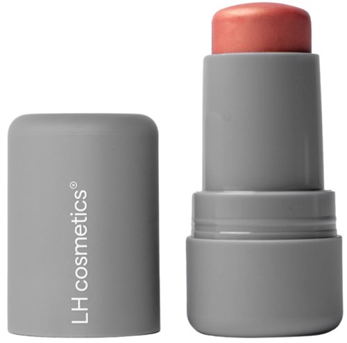 Ein grauer Lippenbalsam mit abgerundetem Kopf neben einem grauen Behälter mit Text LH cosmetics.
