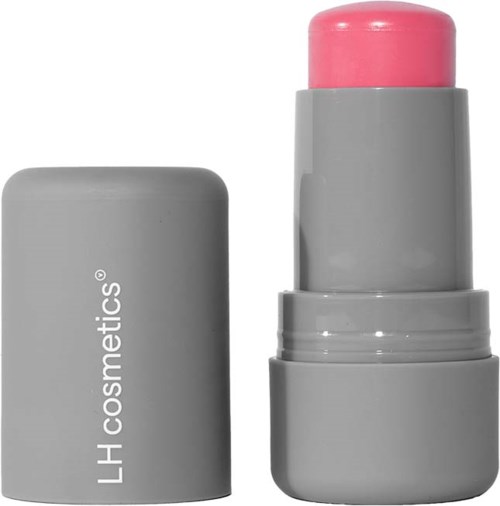 Ein grauer Lippenstift mit rosa Lippenstift oben, mit den Worten "LH cosmetics" auf der Seite.
