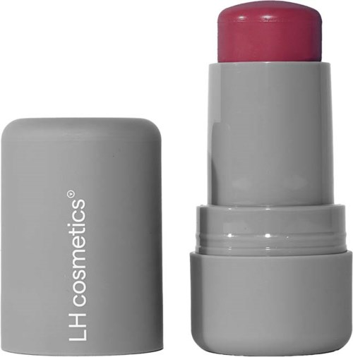 Ein grauer Lippenbalsamstift mit rotem Balm sichtbar, und "LH cosmetics" geschrieben.