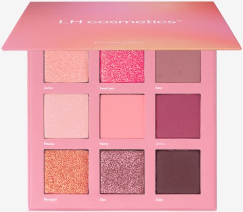 Ein rosa Lidschatten-Palette mit neun Farben, darunter Pink, Lila und Neutraltöne, in einer quadratischen Schachtel.