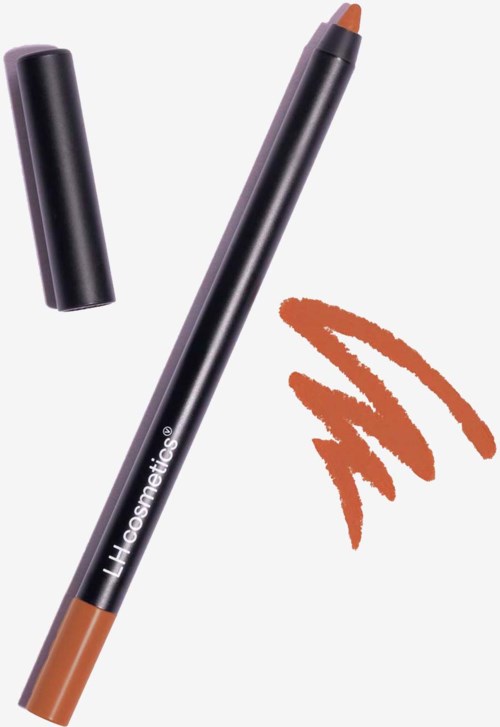 A brown lip liner pencil with a cap, with a swatch of lipstick color nearby.