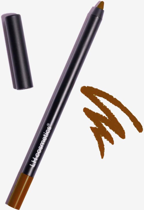A brown pencil with a black cap and a brown tip, with brown scribbles next to it.