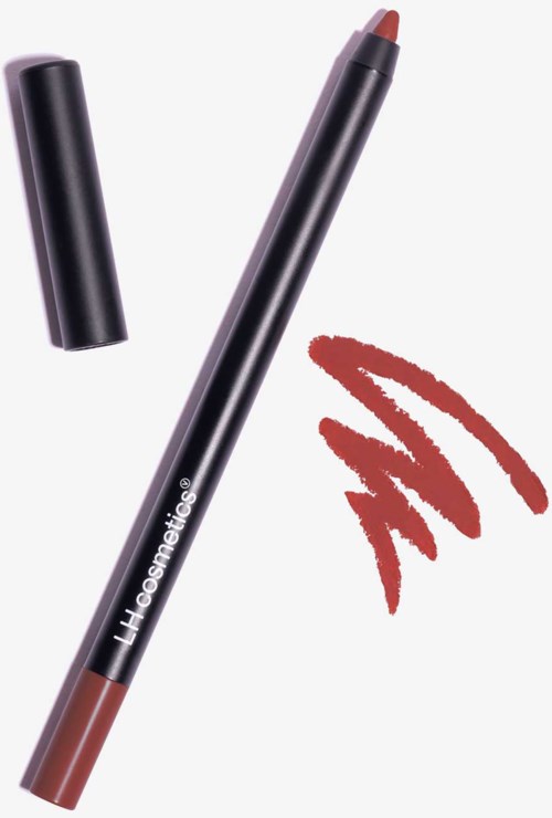 A brown lip liner pencil with cap, and a red lipstick swatch made with it, on a white background.