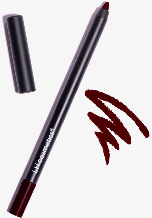 Ein schwarzer Lippenstiftstift mit Deckel, zeigt eine burgunderrote Lippenstiftspur und den Text "Hitcosmetics".
