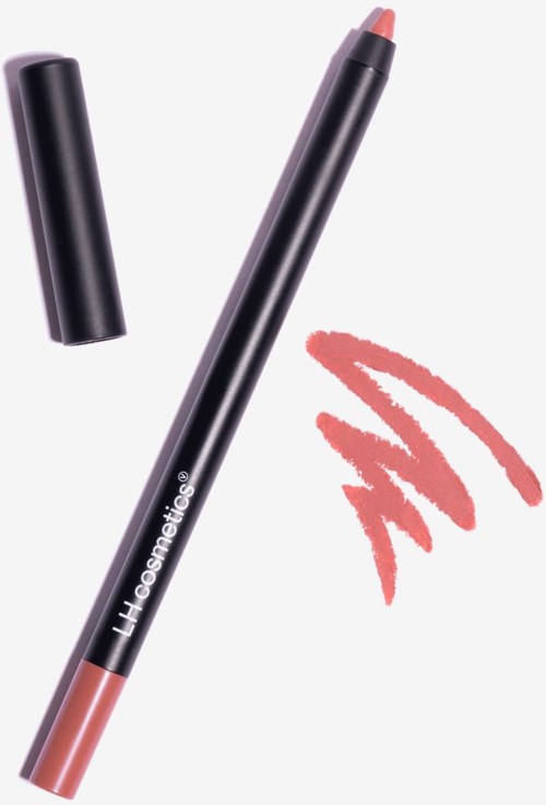 A black lip crayon with the brand 'HT Cosmetics' on it, next to pinkish lip color swatches.