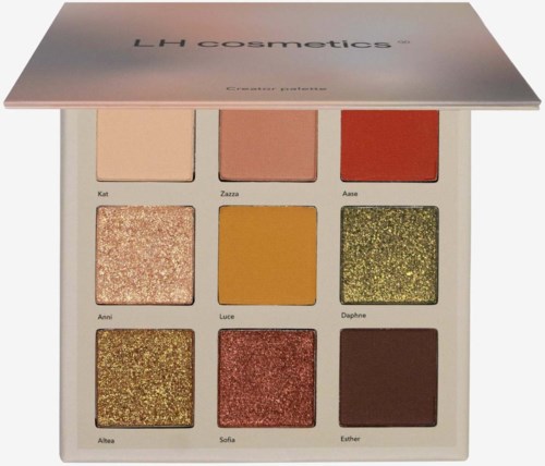 Ein Makeup-Palette mit neun Lidschattenfarben, inklusive Matte, Glitzer und Schimmer-Finish in verschiedenen Farben.