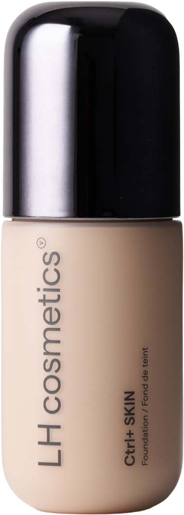 A beige foundation bottle with a black cap and the label LH cosmetics, Curl+ SKIN, printed vertically.