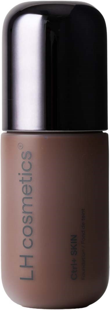 A brown bottle of liquid cream with black cap from LH Cosmetics. Text on bottle reads LH cosmetics and cream swirl.