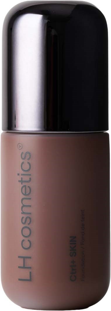 A brown foundation bottle with a shiny black cap, labeled LH cosmetics, for face skin.